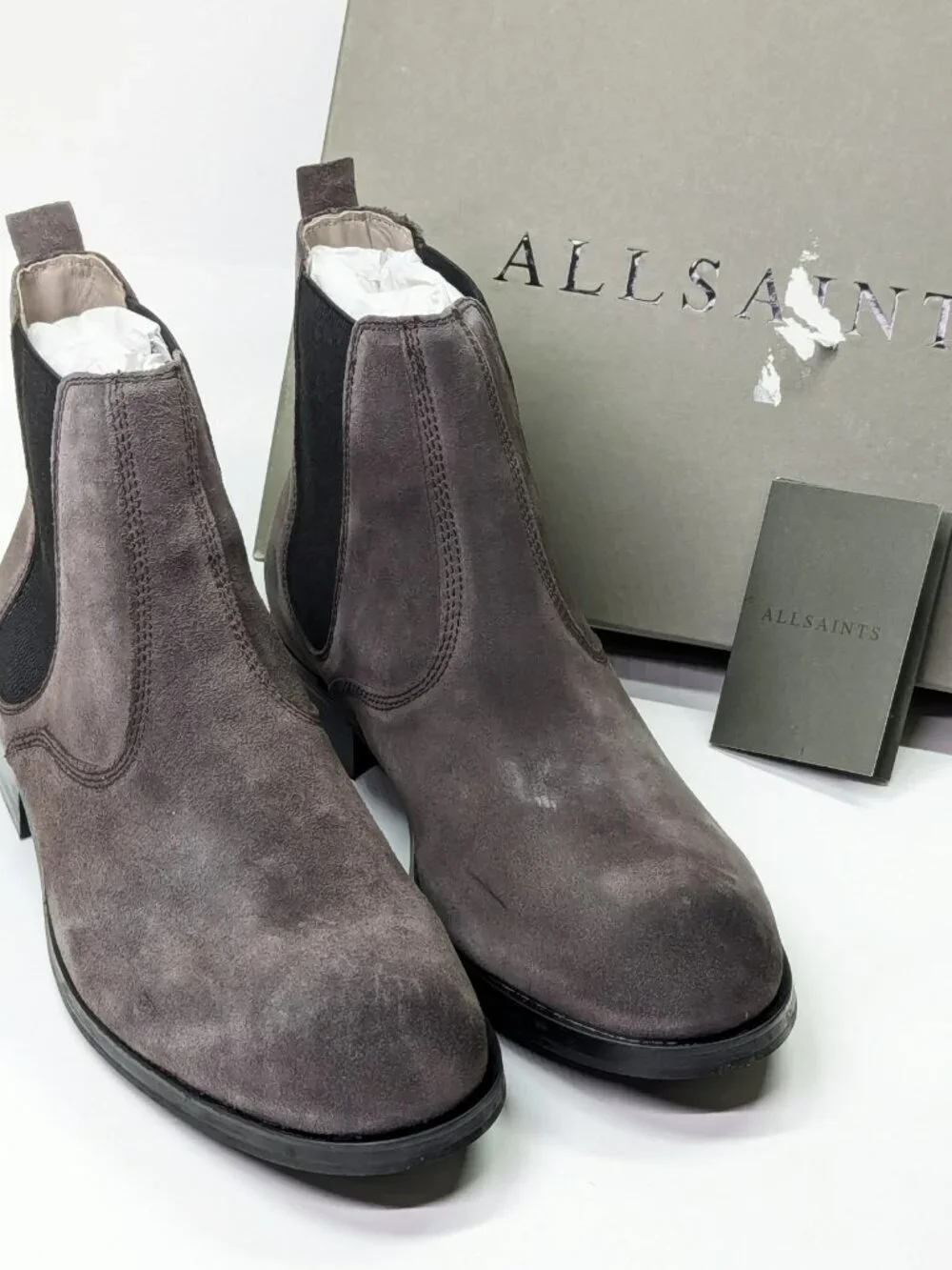 Allsaints Men's Gus Pull On Chelsea Boots Grey Suede Size 13 (MSRP $349)